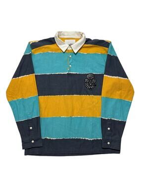 18 East Striped Rugby Long Sleeve Cotton Polo Shirt Men's L Blue Yellow